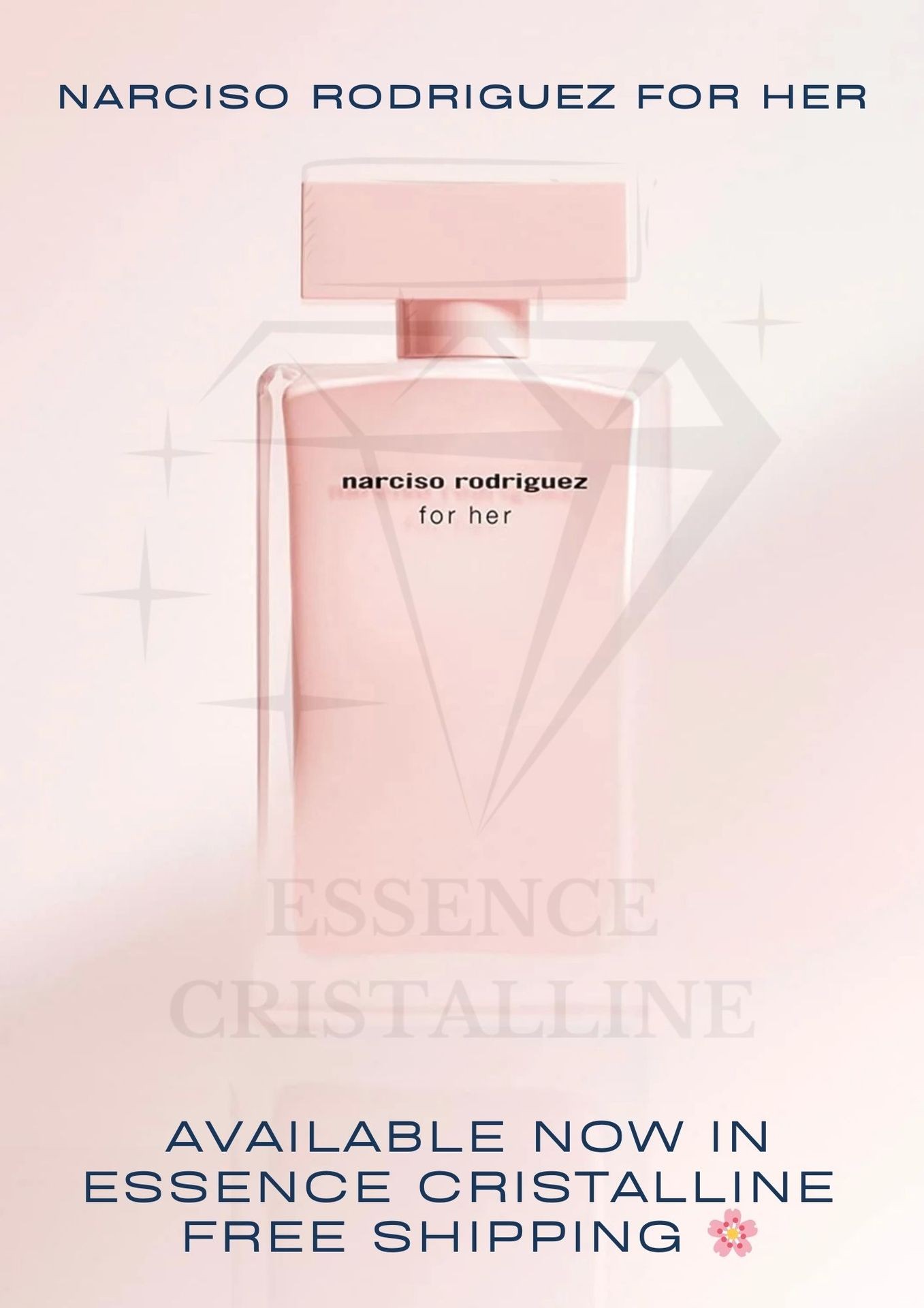 Narciso Rodriguez For Her perfume bottle advertisement with text promoting availability and free shipping.