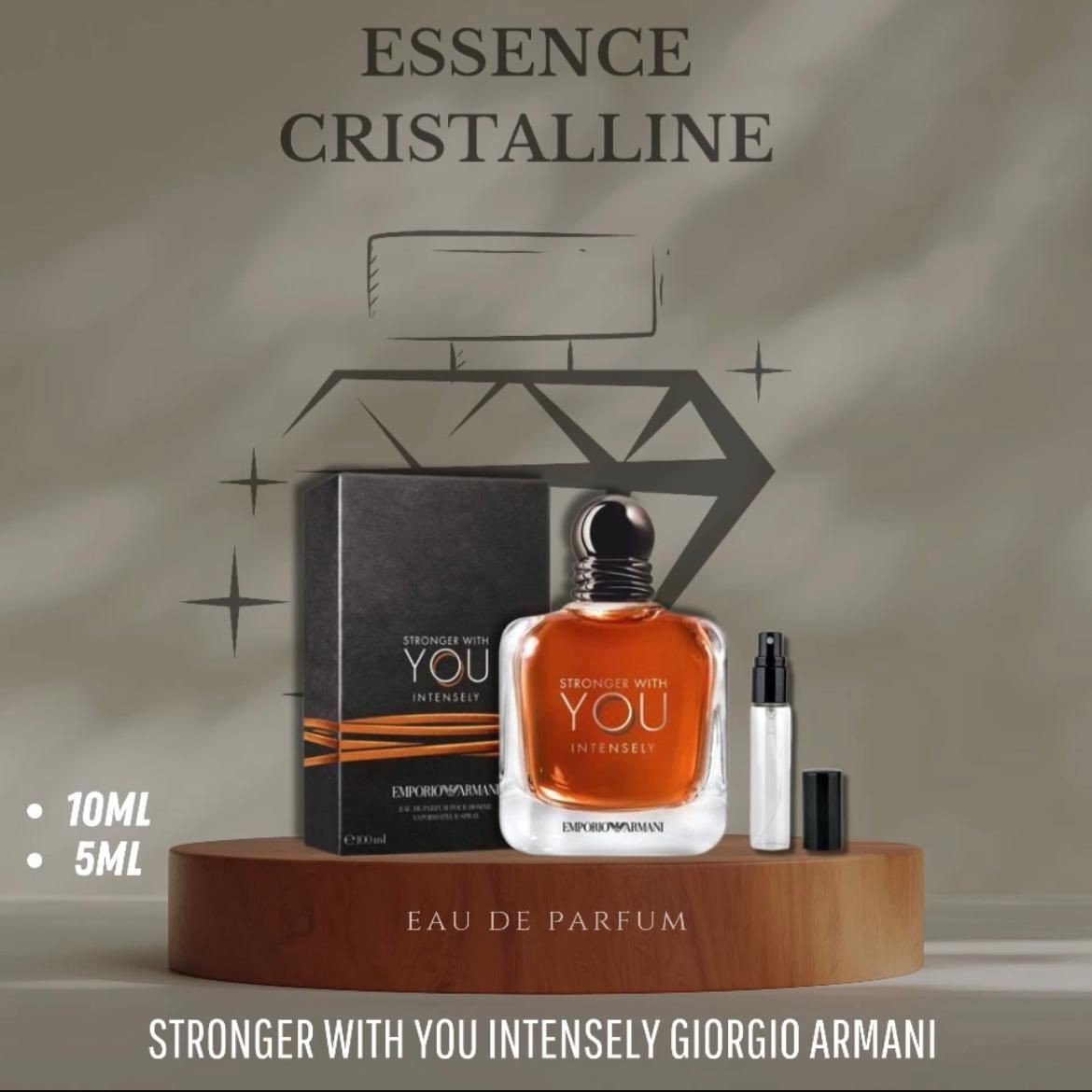 Giorgio Armani Stronger With You Intensely fragrance bottles and packaging on a wooden platform.