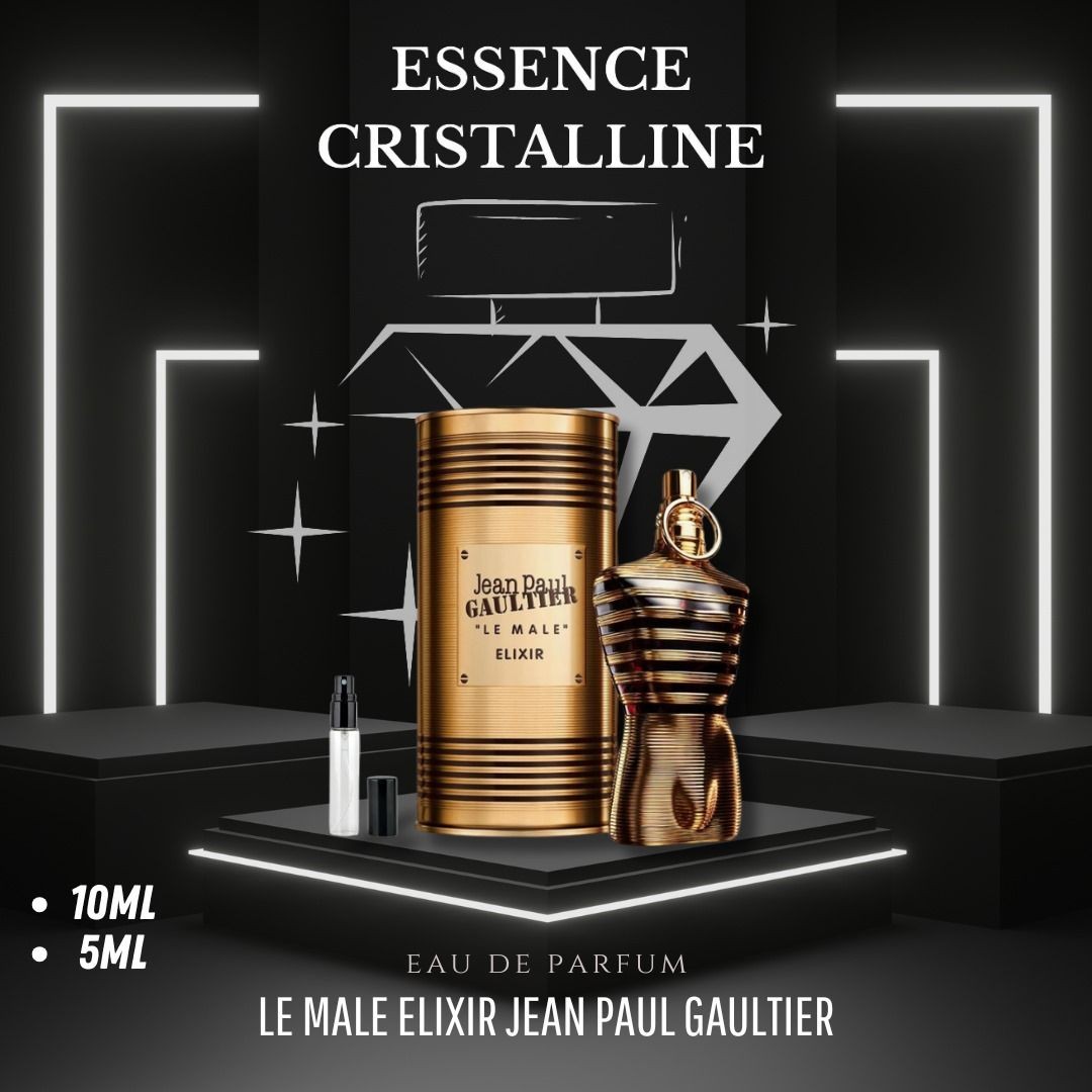 Golden perfume bottle of Le Male Elixir by Jean Paul Gaultier against dark geometric backdrop.