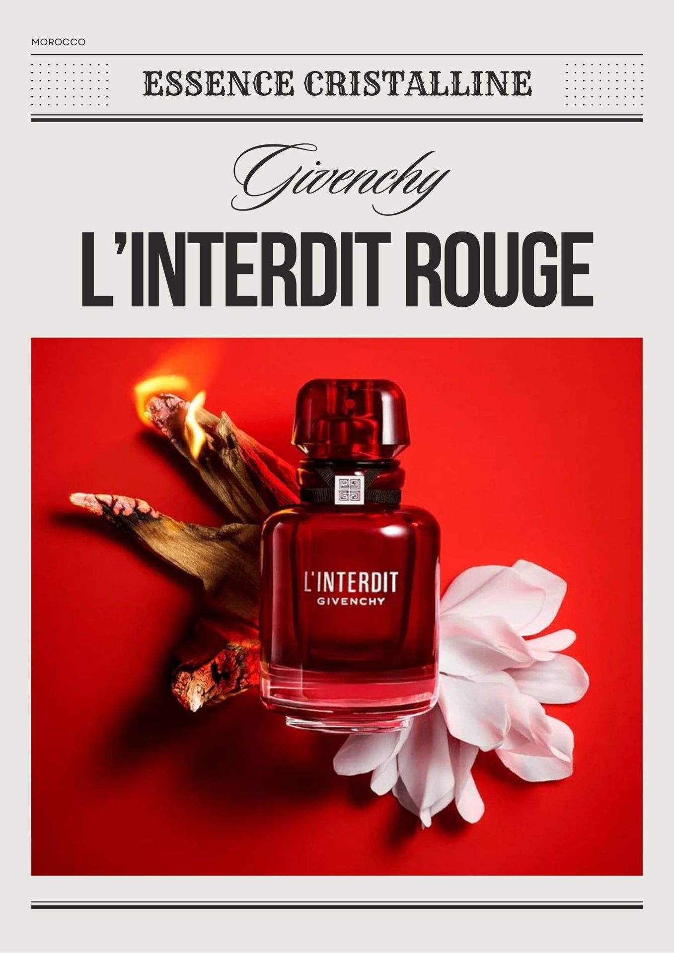 Givenchy L'Interdit Rouge perfume bottle with flower petals and wood against red background.